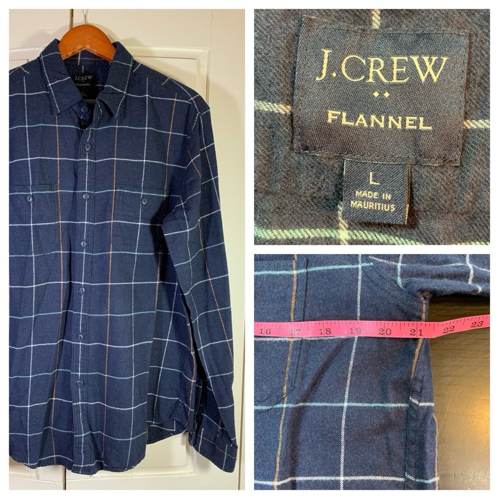 J Crew Flannel Shirt Mens Large Button Blue Plaid Pocket Cabincore Cozy Preppy